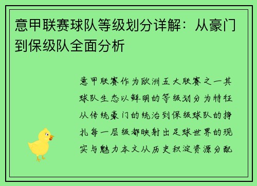 意甲联赛球队等级划分详解：从豪门到保级队全面分析