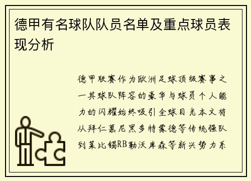 德甲有名球队队员名单及重点球员表现分析